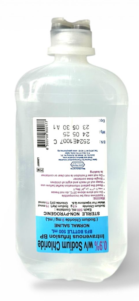 Sodium Chloride intravenous infusion BP normal saline (bottle 500ml) 0.9% W/V